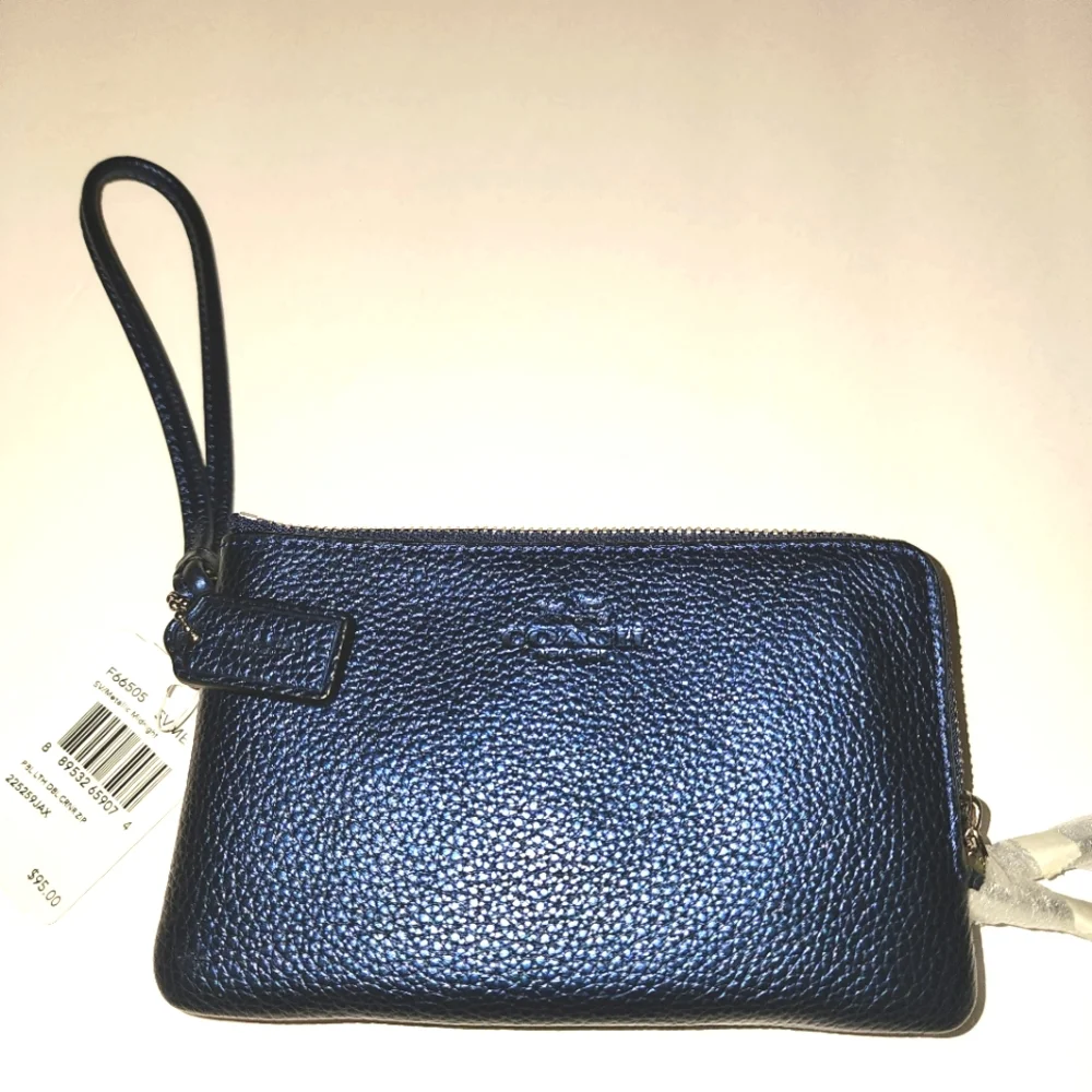 Coach Pebble Leather Double Corner Zip Metallic Midnight Wallet - Picture 1 of 4